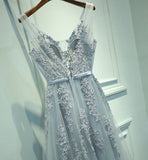 Grey Lace V Neck Tulle Long Prom Dress,Cheap Party Dresses on Line, PL141