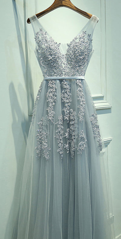Grey Lace V Neck Tulle Long Prom Dress,Cheap Party Dresses on Line, PL141