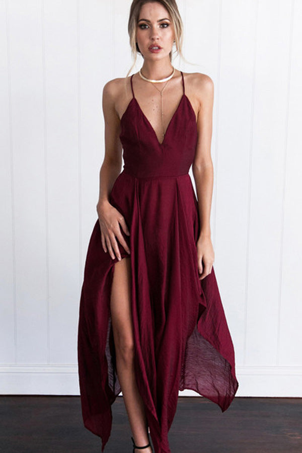 Red Cross Back Assymetrical hem Long Prom Dress, Cheap Evening Dresses Promnova Red Cross Back Assymetrical hem Long Prom Dress, Cheap Evening Dresses Promnova
