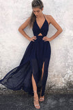 A-Line Halter Navy-Blue Chiffon Backless Prom Dresses, V-neck Prom Gowns, PL143