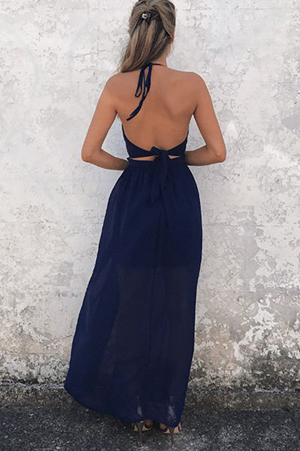 See-Through Chiffon Halter Backless Lace A-Line Homecoming Dress