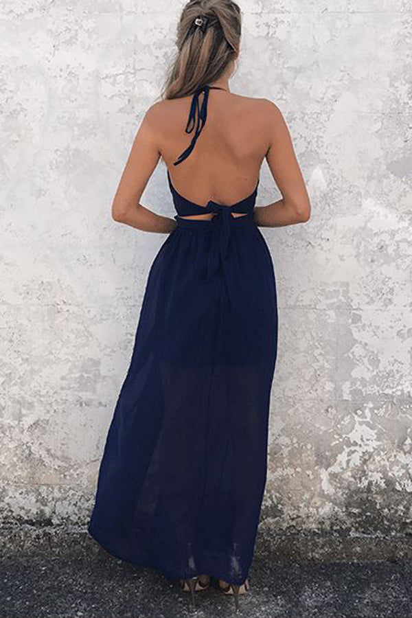 A-Line Halter Navy-Blue Chiffon Backless Prom Dresses, V-neck Prom Gowns, PL143 - Promnova