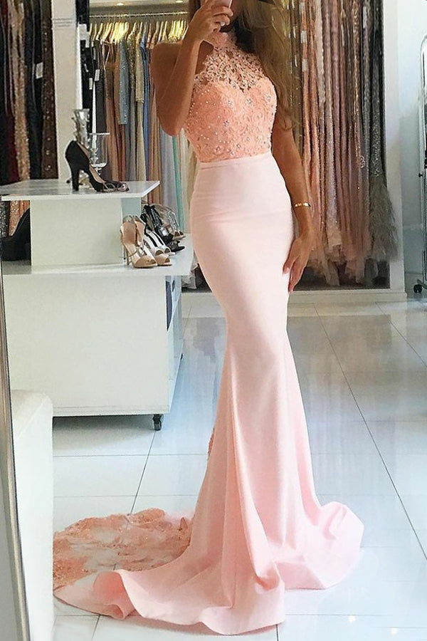 Pink Satin High Nack Lace Mermaid Sweep Train Prom Dress with Beading US0 / As Picture Pink Satin High Nack Lace Mermaid Sweep Train Prom Dress with Beading US0 / As Picture