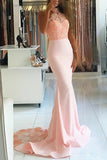 Pink Satin High Nack Lace Mermaid Sweep Train Prom Dress with Beading, PL144