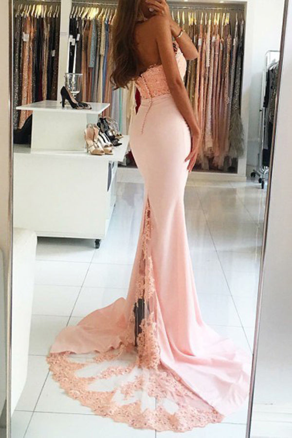 Pink Satin High Nack Lace Mermaid Sweep Train Prom Dress with Beading Promnova Pink Satin High Nack Lace Mermaid Sweep Train Prom Dress with Beading Promnova