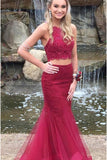 Burgundy Two Piece Lace Tulle Cross Back Mermaid Prom Dresses with Beading, PL145