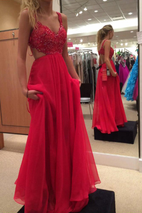 Red Chiffon Backless Spaghetti Strap Prom Dress with Beading,Prom Gown Custom Size / Custom Color