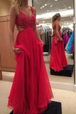 Red Chiffon Backless Spaghetti Strap Prom Dress with Beading, PL146