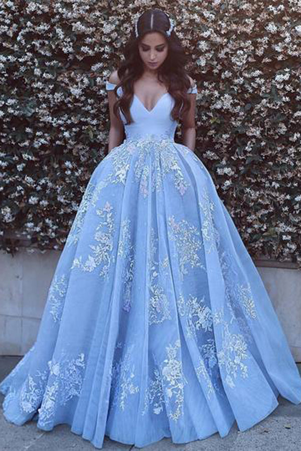 Light Blue Shoulder Ball Gowns Prom Dresses with Appliques – Promnova