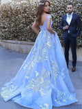 Light Blue Off Shoulder Tulle Ball Gowns Prom Dresses with Lace Appliques, PL148