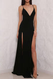 Sexy Simple Black Spaghetti Strap V neck Open Back Prom Dress with Side Slit, PL150