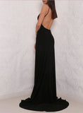 Sexy Simple Black Spaghetti Strap V neck Open Back Prom Dress with Side Slit, PL150