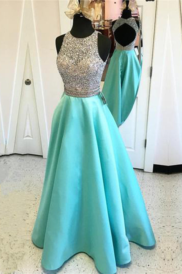 Satin Open Back Jewelry Neck Sequins Beaded Long Prom Dresses US0 / As Picture Satin Open Back Jewelry Neck Sequins Beaded Long Prom Dresses US0 / As Picture