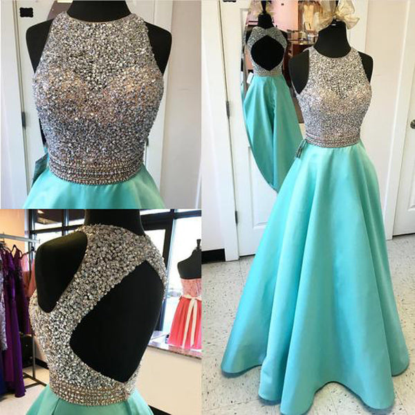 Satin Open Back Jewelry Neck Sequins Beaded Long  Prom Dresses, PL151