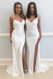 Long Slit Mermaid Spaghetti Straps V Neck Prom Dresses,White Party Dresses, PL152