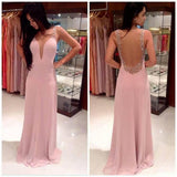 Pink Chiffon A-Line V-neck Sweep Train Prom Dress with Beading, PL154