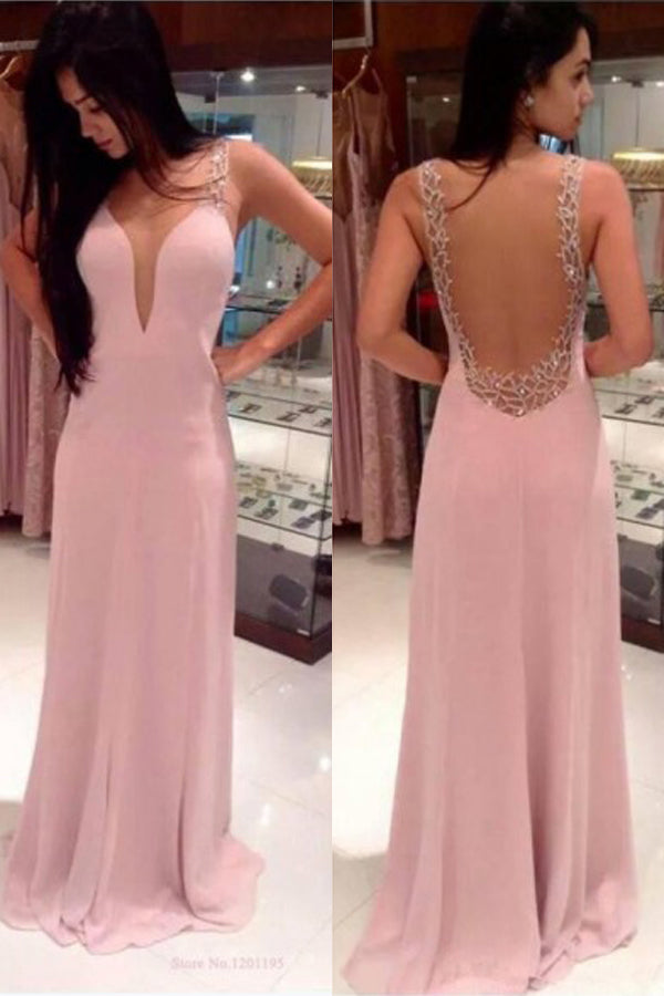 Pink Chiffon A-Line V-neck Sweep Train Prom Dress with Beading, PL154
