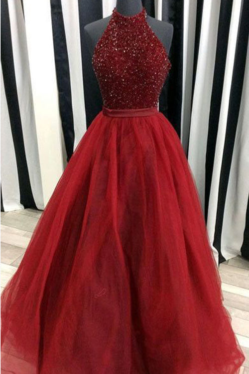 Luxurious Red High Neck A-Line Sleeveless Long Prom Dress with Beading US0 / Custom Color Luxurious Red High Neck A-Line Sleeveless Long Prom Dress with Beading US0 / Custom Color