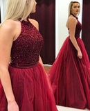 Luxurious Red High Neck A-Line Sleeveless Long Prom Dress with Beading, PL157