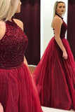 Luxurious Red High Neck A-Line Sleeveless Long Prom Dress with Beading, PL157