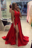 Sexy Red A-Line V-Neck Satin Prom Dresses Long with Side Slit, PL158