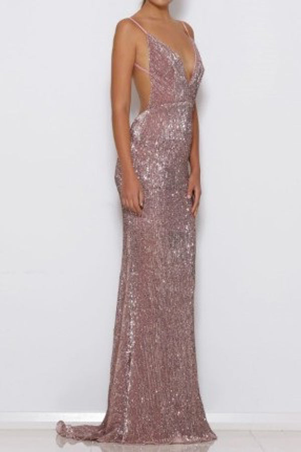 Backless Sequined Sweep Train Spaghetti Straps Prom Dress,Formal Dress, PL160