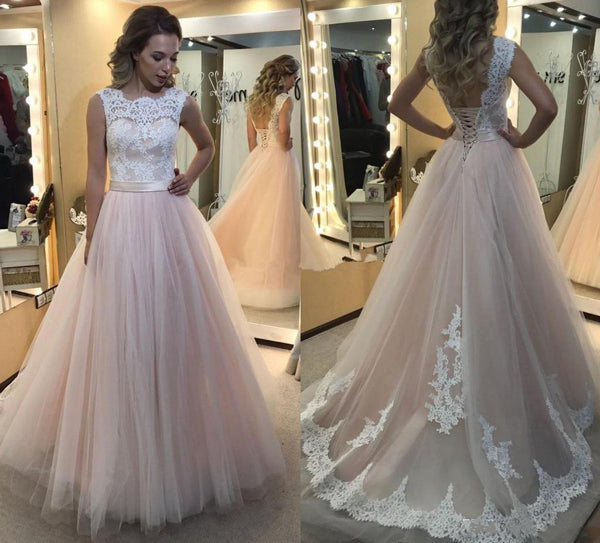 Fabulous Light Pink Tulle A-line Prom Dress with White Lace Appliques, PL161