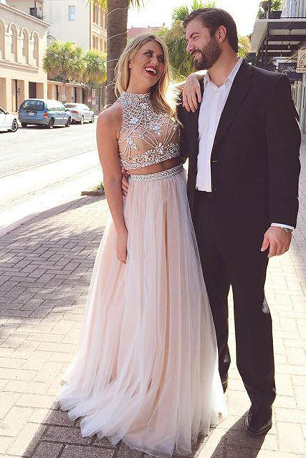 Two Pieces A-Line Nude Tulle Long Pageant Prom Dresses with Beading US0 / Custom Color Two Pieces A-Line Nude Tulle Long Pageant Prom Dresses with Beading US0 / Custom Color