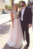 Two Pieces A-line Nude Tulle Prom Dresses with Beading,Long Pageant Dresses, PL162