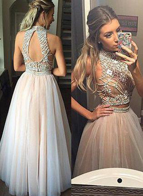 Two Pieces A-line Nude Tulle Prom Dresses with Beading,Long Pageant Dresses, PL162