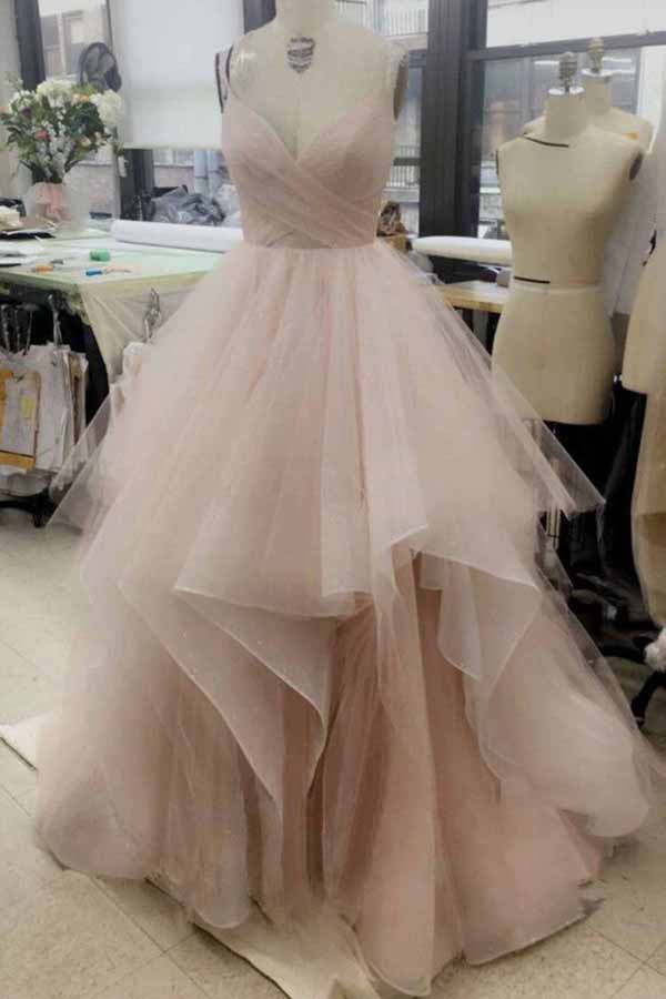 Simple A-line Tulle V-neck High-Low Long Prom Dresses With Straps, PL163
