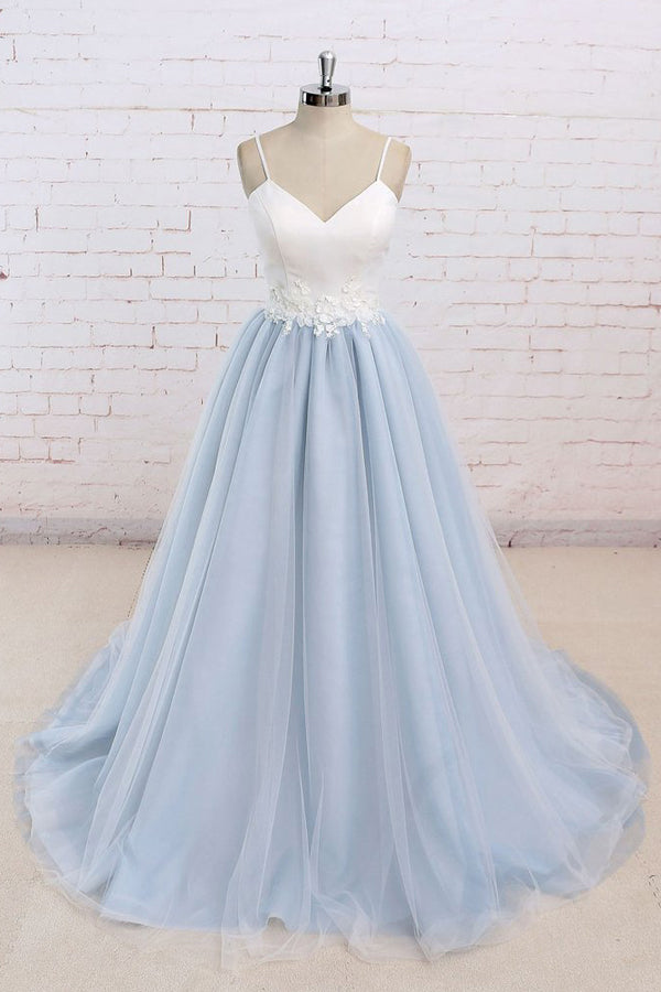Tulle Baby Blue Long Flower Prom Dress With White Top,Evening
