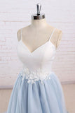 Tulle Baby Blue Long Flower Prom Dress With White Top, Simple Evening Dress, PL165