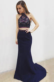 Backless Navy Blue Two Piece Mermaid Halter Long Prom Dress with Beading, PL166