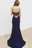 Backless Navy Blue Two Piece Mermaid Halter Long Prom Dress with Beading, PL166