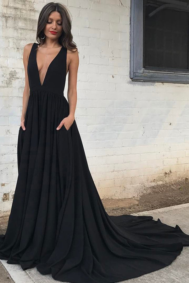 Black Chiffon V-Neck A-Line Court Train Sleeveless Backless Prom Dress – Promnova