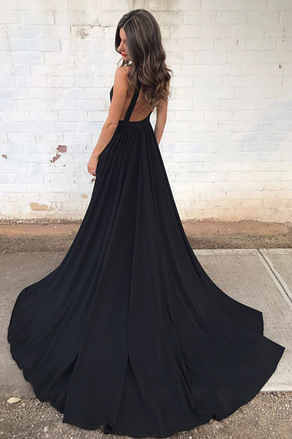Black Chiffon V-Neck A-Line Court Train Sleeveless Backless Prom Dress Custom Size / Custom Color Black Chiffon V-Neck A-Line Court Train Sleeveless Backless Prom Dress Custom Size / Custom Color