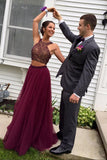 Burgundy Tulle Open Back Two-pieces Halter Long Prom Dresses With Beading, PL168