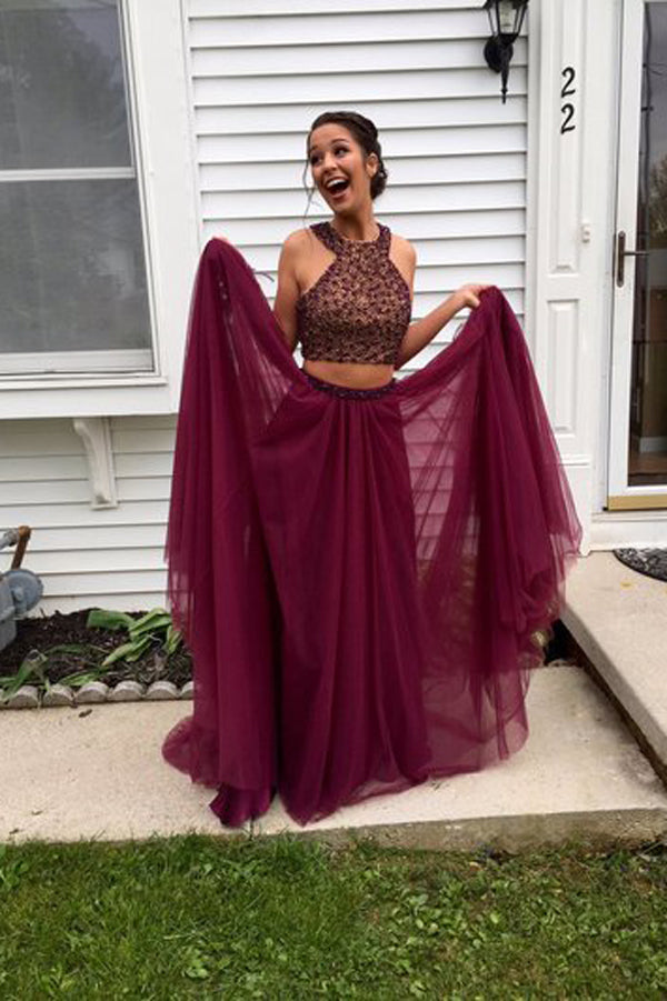 Halter Chiffon Lace A-line Long Maroon Prom Dress Burgundy Evening