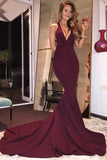 Burgundy Satin Criss Cross Straps Court Train Mermaid Deep V-Neck Prom Dress, PL169