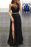 Black Scoop Neck A-line Floor-length Chiffon Two Piece Prom Dresses, PL170