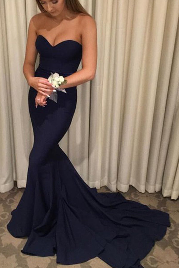 Navy Blue Mermaid Off Shoulder Long Prom Dresses with Sweep Train