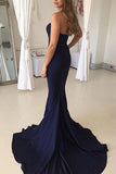 Navy Blue Mermaid Off Shoulder Long Prom Dresses with Sweep Train, PL172