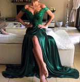 Green Lace Off Shoulder Long Slit Prom Dresses Evening Dresses Formal Dress, PL173