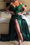 Green Lace Off Shoulder Long Slit Prom Dresses Evening Dresses Formal Dress, PL173