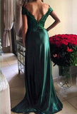 Green Lace Off Shoulder Long Slit Prom Dresses Evening Dresses Formal Dress, PL173