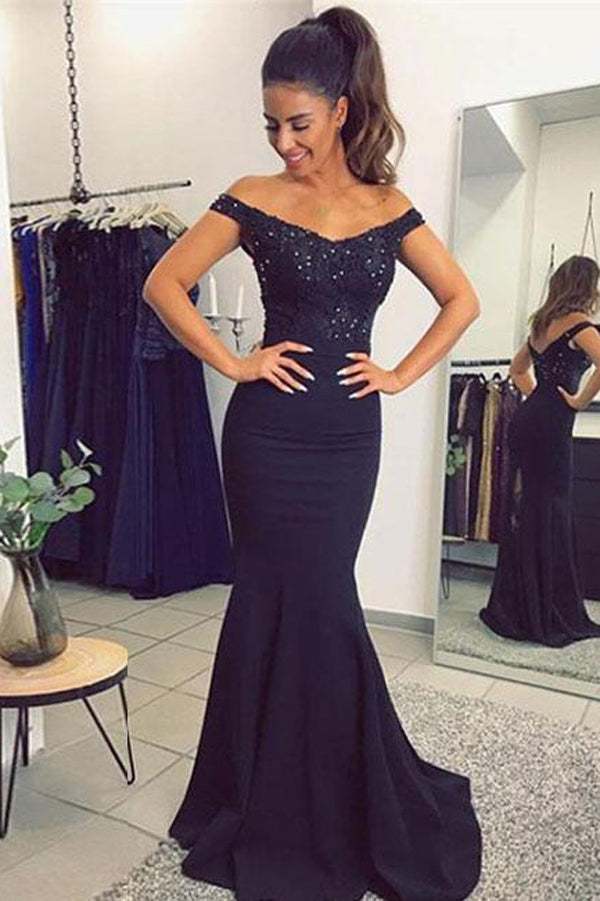 Dark blue Mermaid Off Shoulder Lace Sequined Prom Dress with Beading – Promnova
