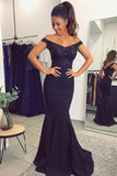 Dark blue Mermaid Off Shoulder Lace Sequined Prom Dress with Beading, PL175