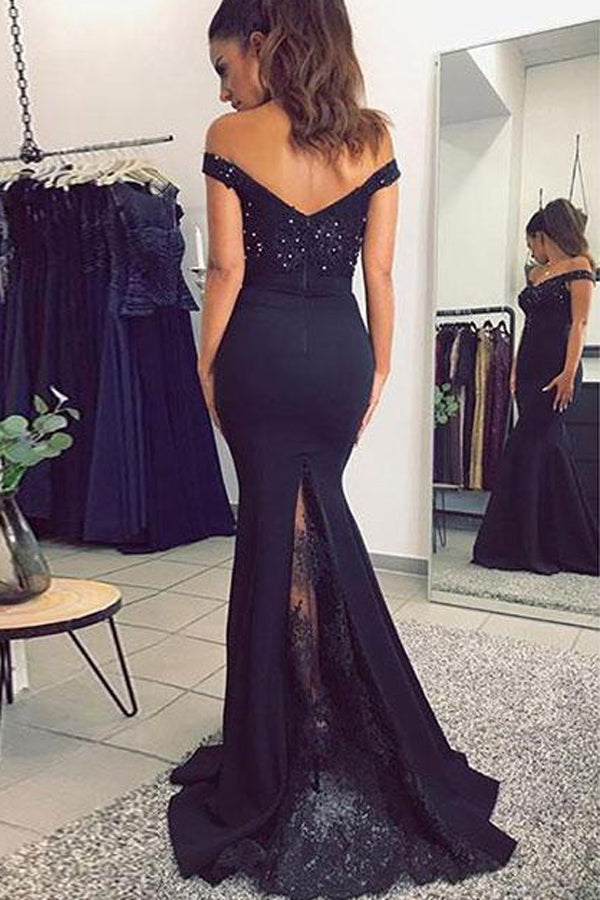 Dark blue Mermaid Off Shoulder Lace Sequined Prom Dress with Beading, PL175