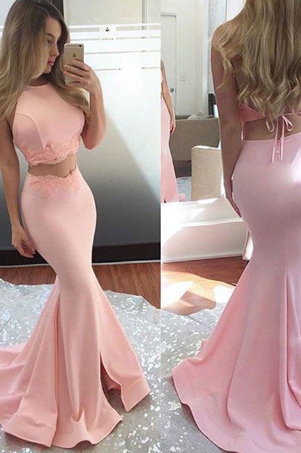 Pink Satin Two Piece Sleeveless Long Prom Dress,Sexy Mermaid Party Dress, PL177